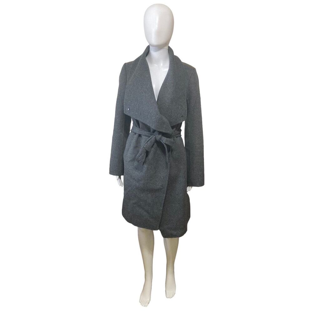 Vince Womens Gray Wool Blend Coat Draped Front Waist Tie Leather Trim Size XS